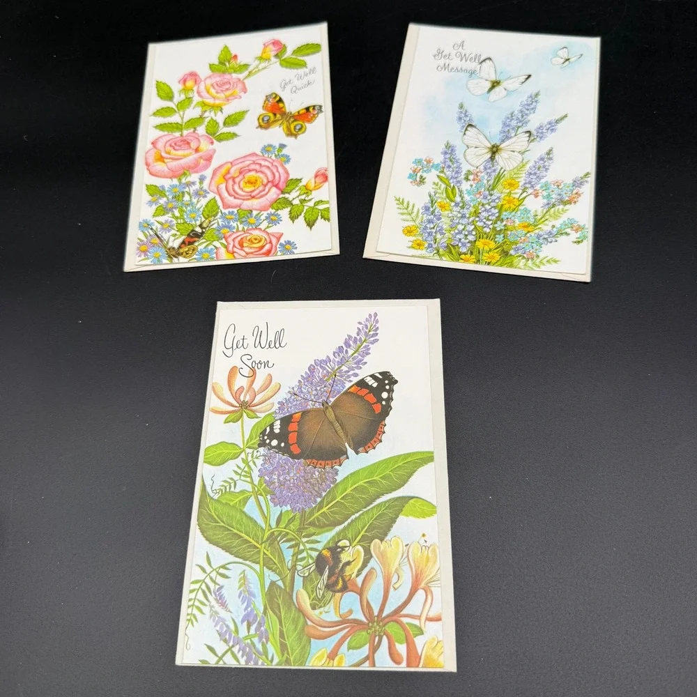 Vintage Get Well Cards with Butterflies and Botanical Floral Illustrations